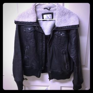 Black leather fleece collar jacket size L